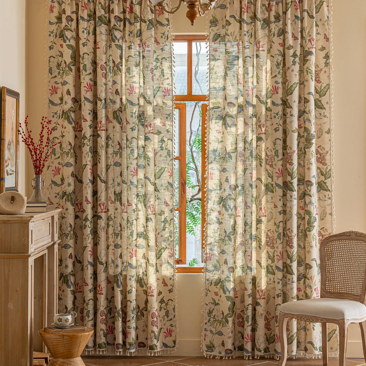 ENJOYBRIDAL Floral Curtains 84 Inch Long Living Room Boho Drapes Bedroom 2 Panels Semi Sheer Floor Length Window Curtain Panels Vintage Rod Pocket Tassel Farmhouse Nursery Window Treatments