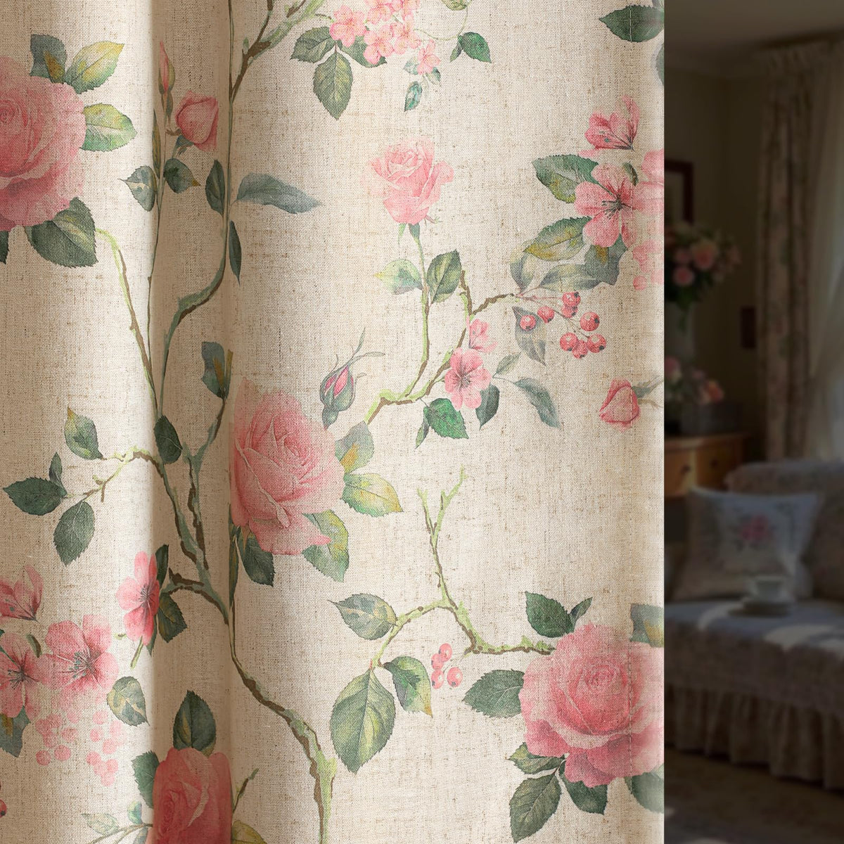 Boho Floral 100% Blackout Curtains 84 Inch 2 Panels Linen Texture