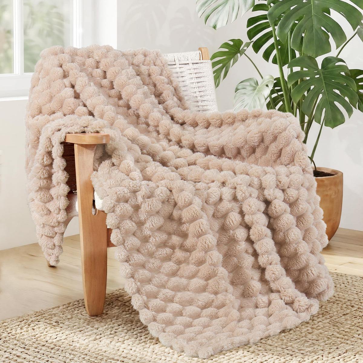 Whale Flotilla Soft 3D Jacquard Fleece Throw Blanket for Couch & Bed, Ivory