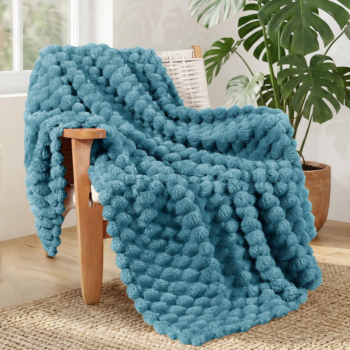 Whale Flotilla Soft 3D Jacquard Fleece Throw Blanket for Couch & Bed, Ivory