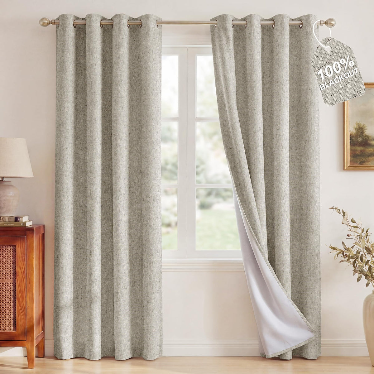 NICETOWN Beige Linen Blackout Curtains 84 Inches Long, W52xL84, 2 Panels