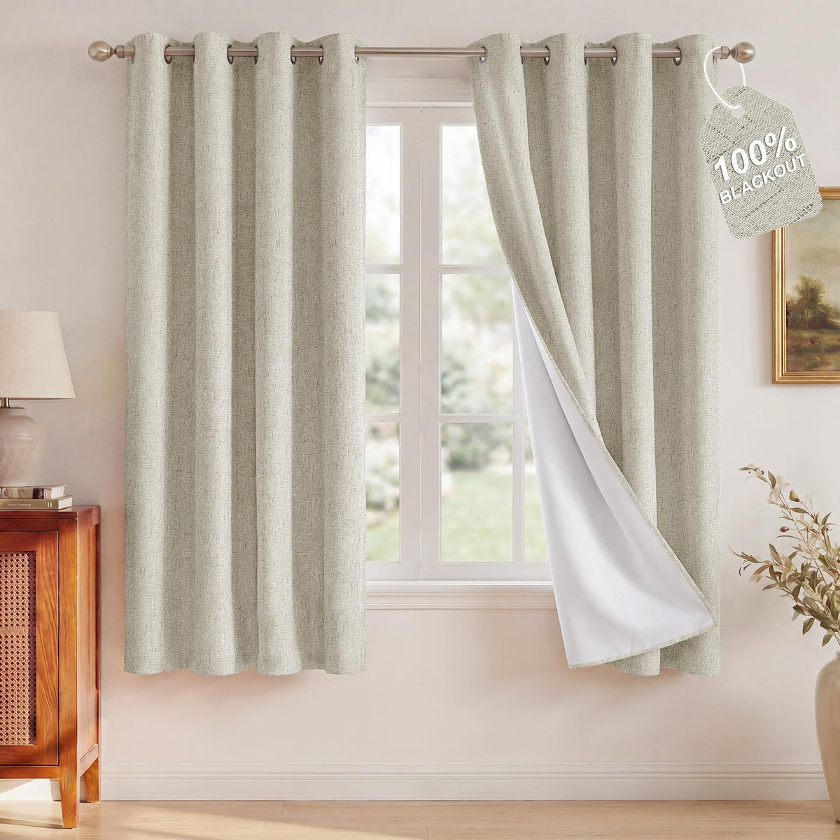 NICETOWN Beige Linen Blackout Curtains 84 Inches Long, W52xL84, 2 Panels