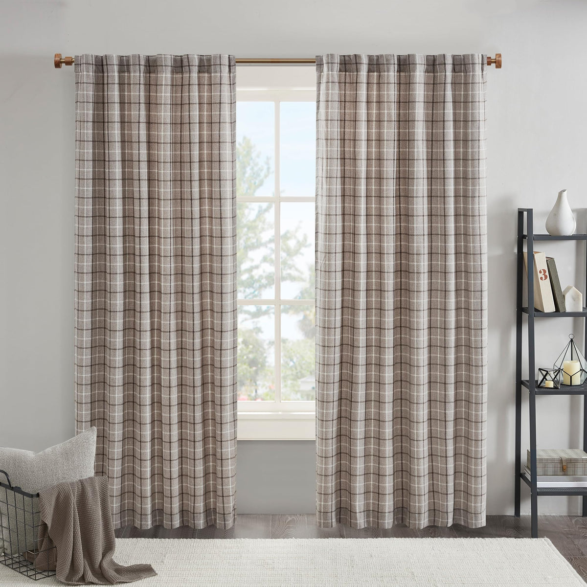 Madison Park Plaid Window Curtain Thermal Insulated, 1 Panel, 50x95 Brown