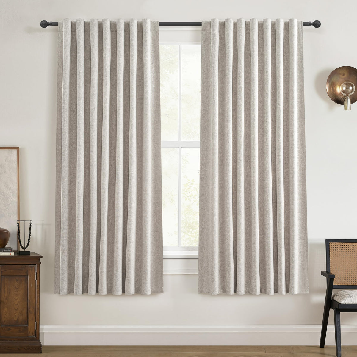 100% Blackout Curtains 84 Inch Length 2 Panels Set Farmhouse Style for Bedroom Windows/Living Room Thermal Insulated Neutral Boho Drapes Linen Blend Natural Ivory 7ft Long Hook Belt Pleated/Back Tab
