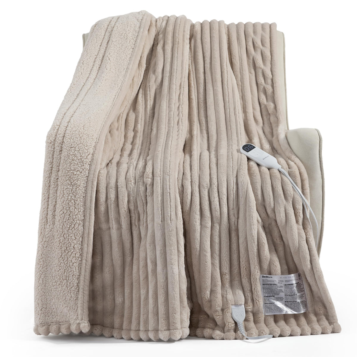 Bedsure Heated Blanket Electric Throw - Thick Striped Fast Heating Electric Blanket with Preheat Function, 6 Heat & 6 Timer (Up to 10H), 8H Auto Off, ETL Certified, Gifts for Women (50"x60", White)