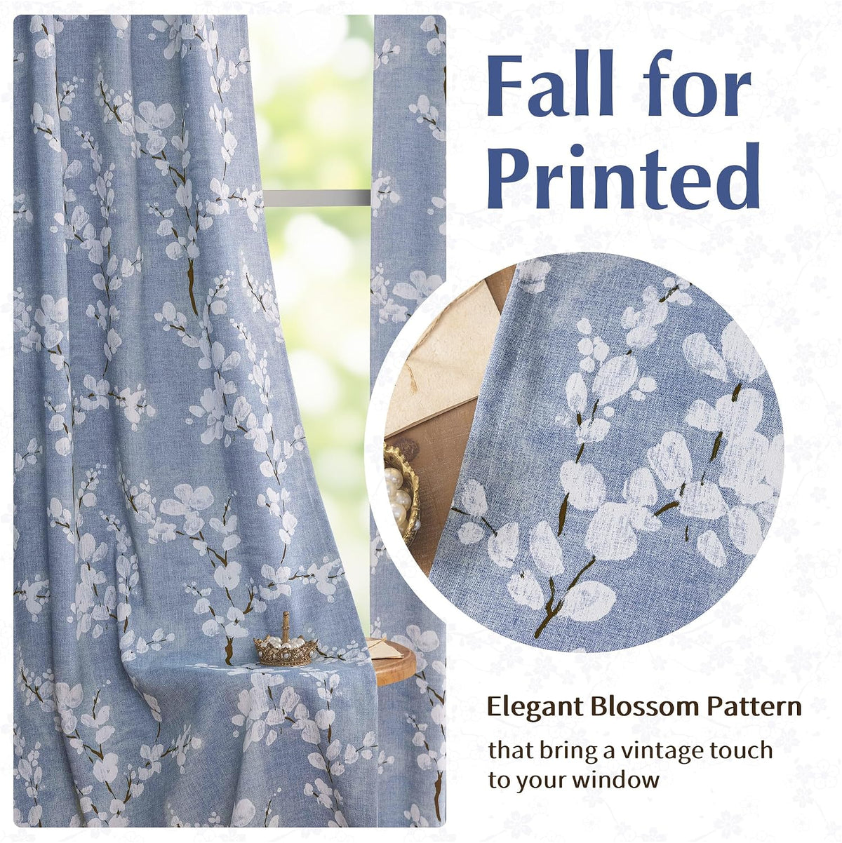 FMFUNCTEX Blue Blackout Floral Curtains, Bedroom, 100X84 Inches, 1 Panel