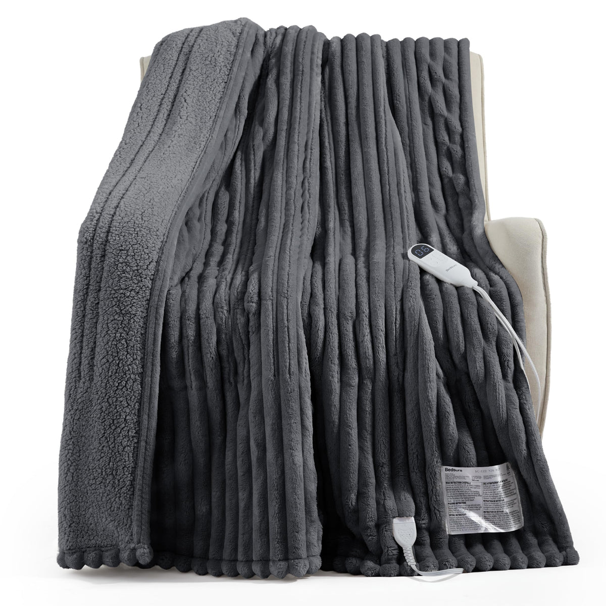 Bedsure Heated Blanket Electric Throw - Thick Striped Fast Heating Electric Blanket with Preheat Function, 6 Heat & 6 Timer (Up to 10H), 8H Auto Off, ETL Certified, Gifts for Women (50"x60", White)