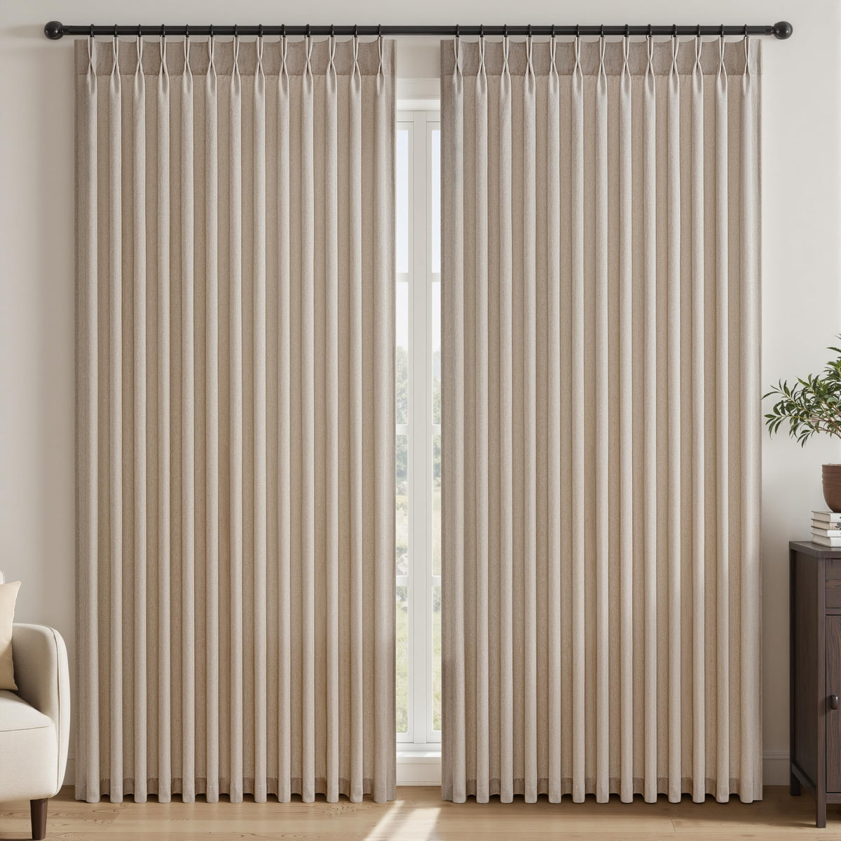 96 Inches Long Pinch Pleated Semi Sheer Curtains,Natural Linen Blended Light Filtering Window Curtains 96 Length for Living Room Bedroom Pinch Pleat Drapes with Hooks 2 Panels 72" Wx96 L