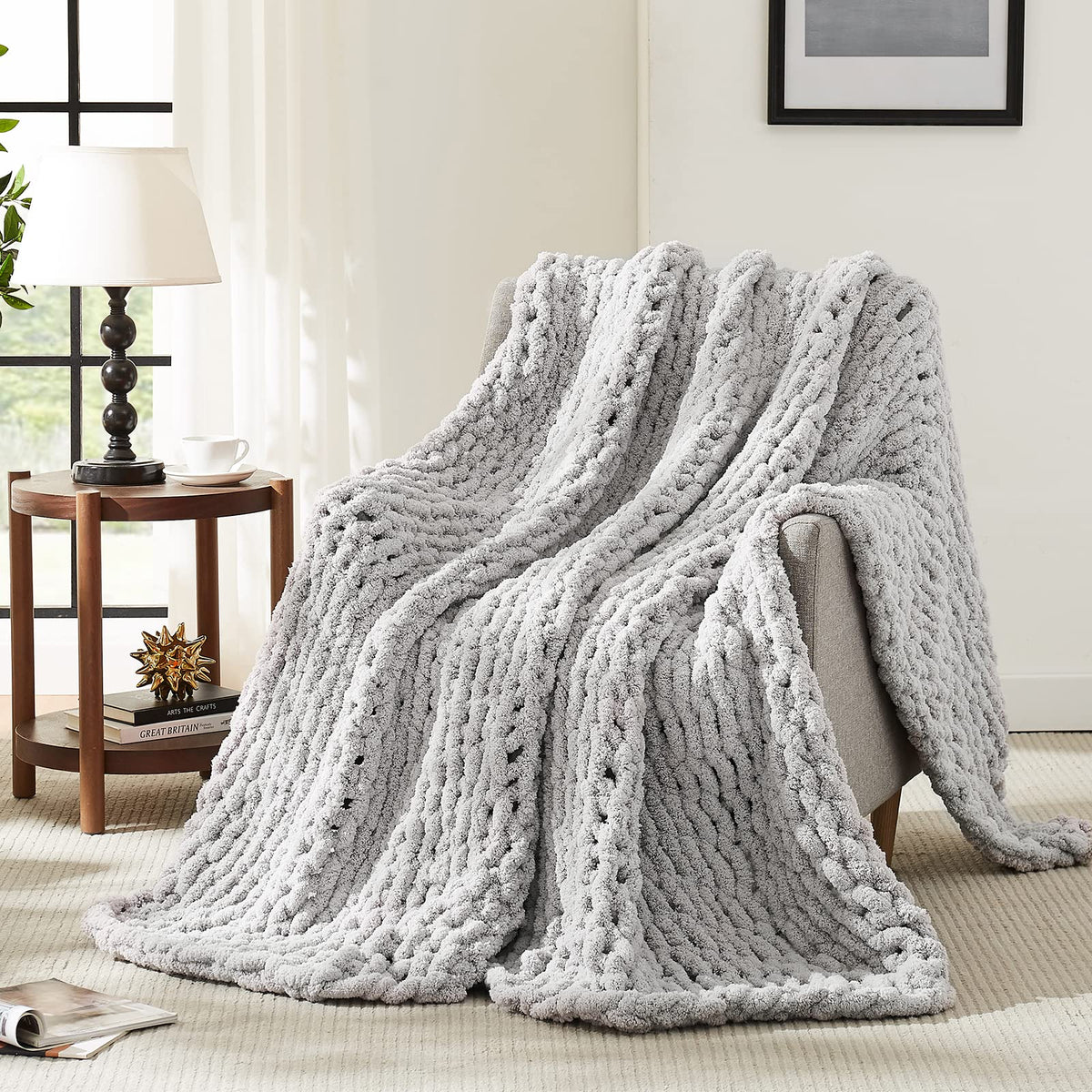 L'AGRATY Chunky Knit Throw Blanket for Couch, 50'' x 60'' Knit Throw, Ivory