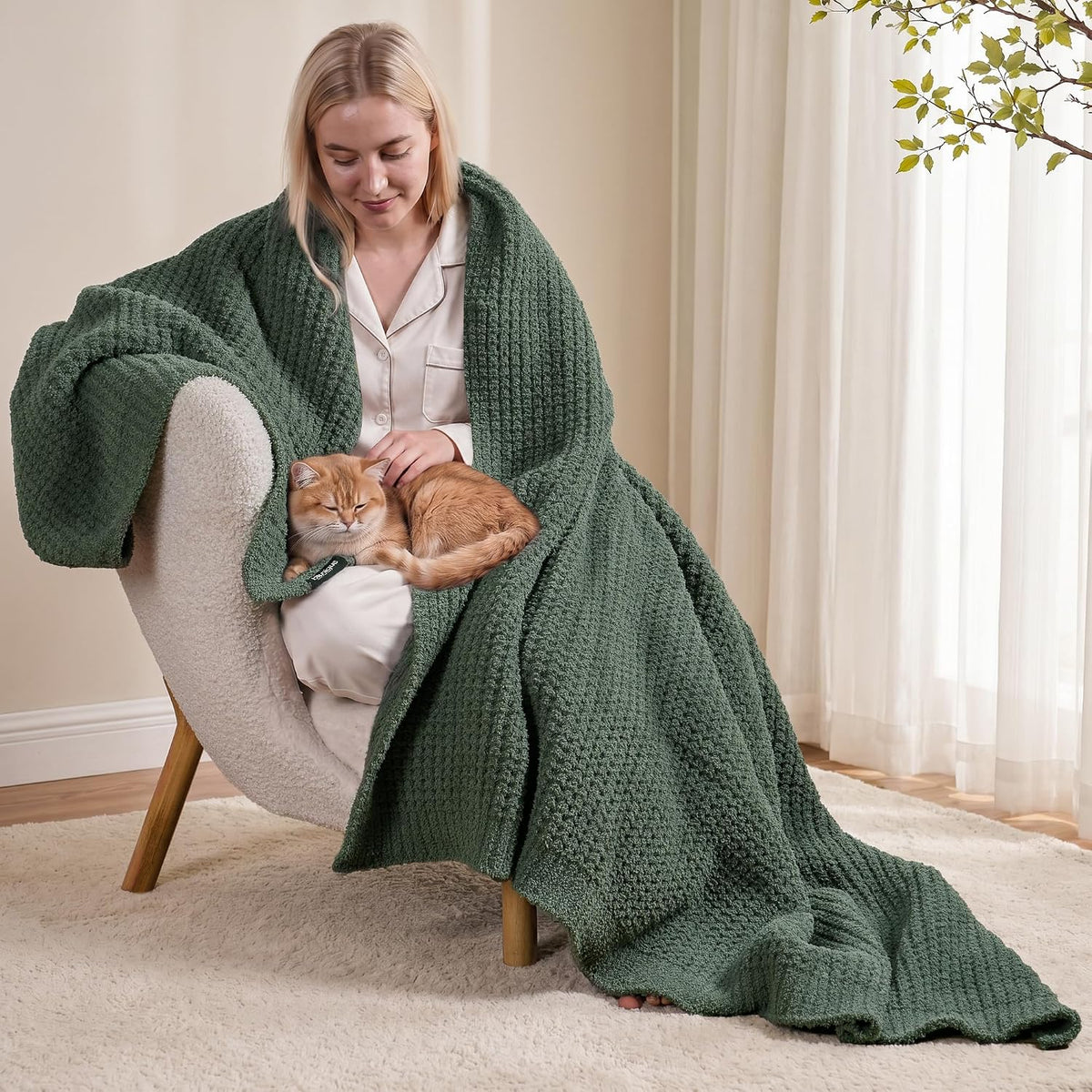 Waffle Knit Throw Blanket for Couch, Soft Cozy Chunky Knit Thick Knitted Blanket for Sofa, Bed, Gift for Women Girls Home Decor (Sage, Throw 50"x60")