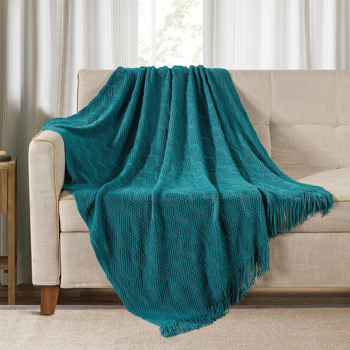 BOURINA Beige Throw Blanket 50x60 Inch Boho Knitted Soft Throw Sofa Blanket