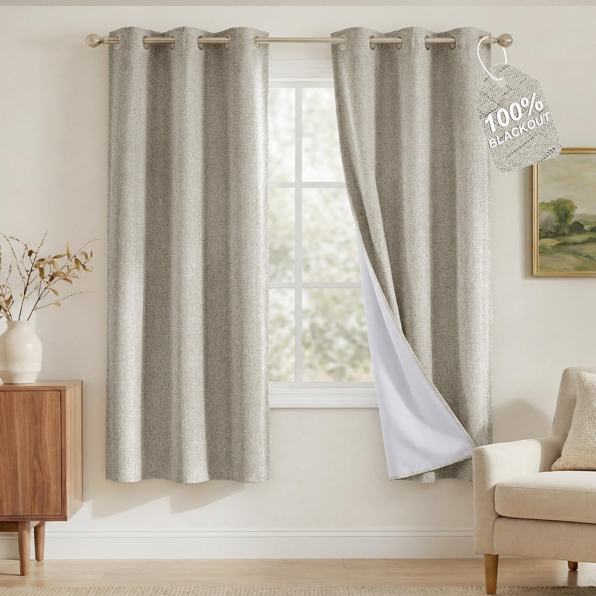 NICETOWN Beige Linen Blackout Curtains 84 Inches Long, W52xL84, 2 Panels