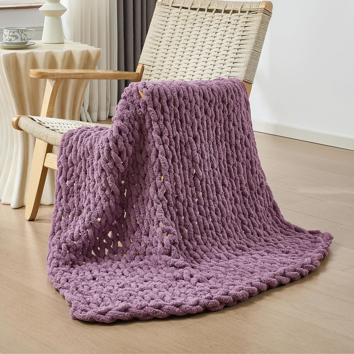 Bigacogo Chunky Knit Throw Blanket for Couch, 40x60 inches, Beige