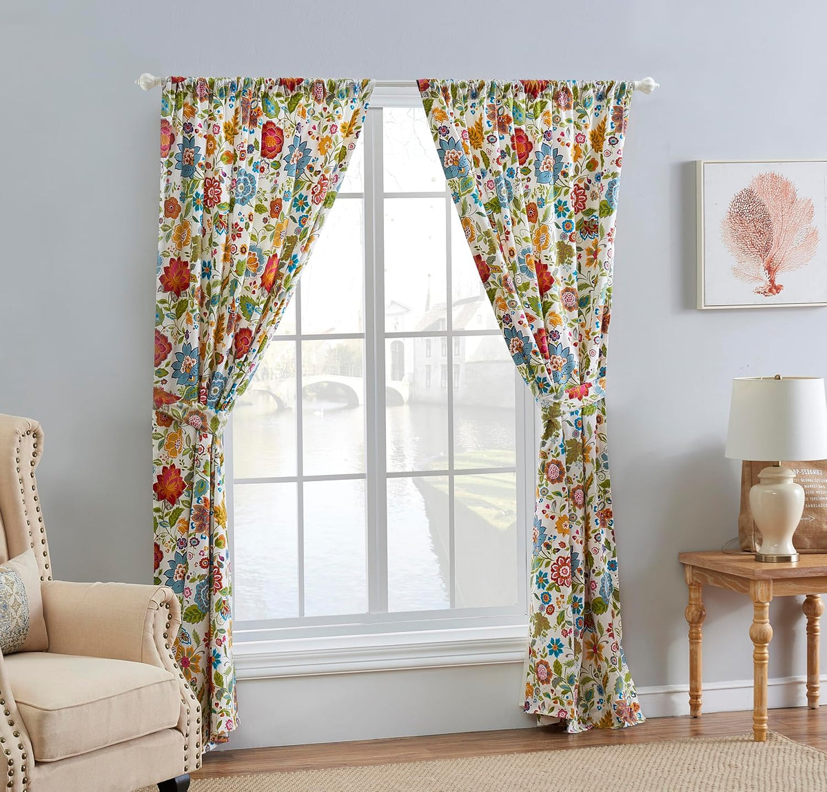 Greenland Home Astoria Semi-Sheer Curtain Panels, Set of 2, Lined, with Tiebacks, 95 L x 42 W (x2), White
