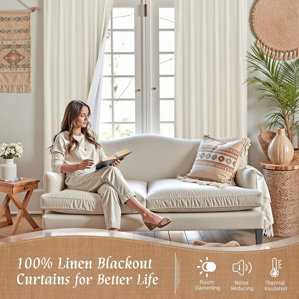 LAMIT 100% Blackout Short Linen Curtains for Cafe 40 Inch Length, Ivory
