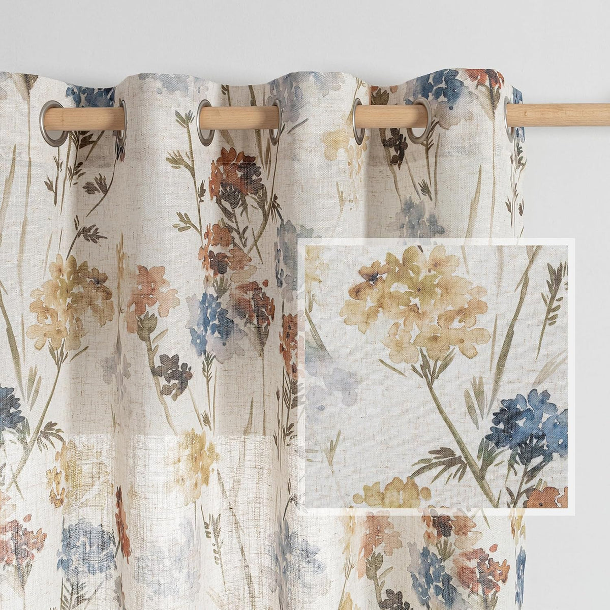 MYSKY HOME Floral Curtains 72 inch for Living Room Linen Semi Sheer Light Filtering Privacy Protect Lightweight Drapes Decor Farmhouse Soft Touch for Dining Room, Yellow, 52" Wide, 2 Panels