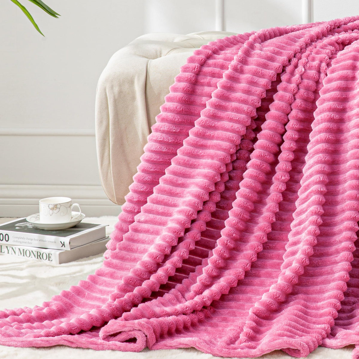 BEDELITE 3D Ribbed Jacquard Pink Fleece Throw Blanket for Couch, 50x60 Inch