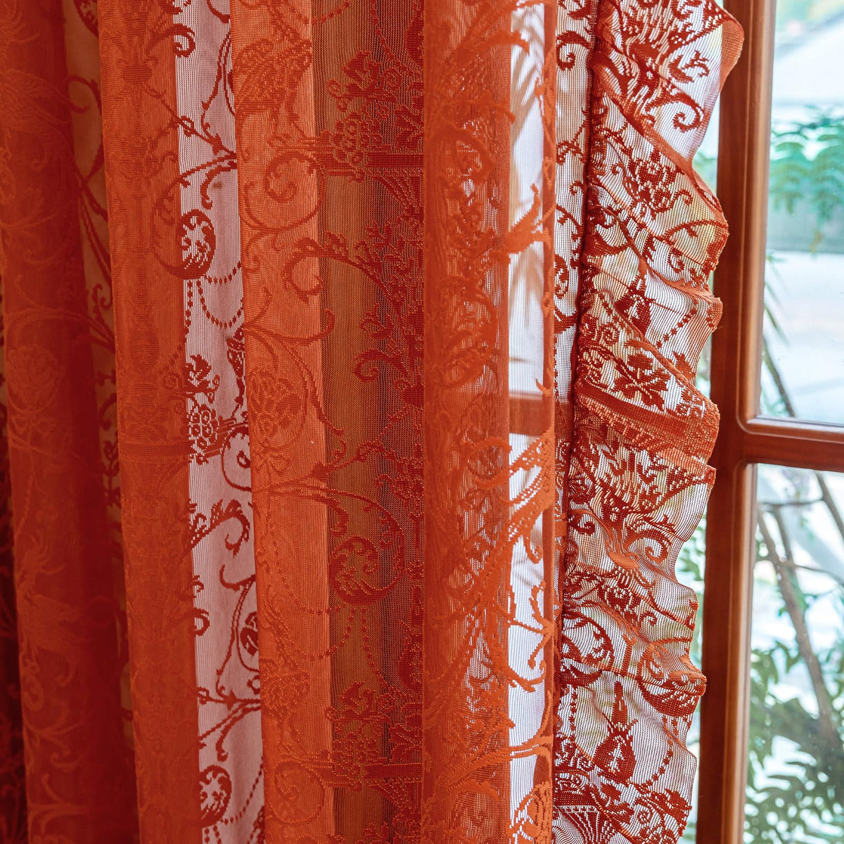 TUDECO Lace Maroon Curtains 96 Inches Long 1 Pair - French Floral Sheer Burgundy Curtains for Living Room, Art Decor Rod Pocket Ruffled Edges Dark Wine Red Drapes, 59 x 96 Inch, Burgundy