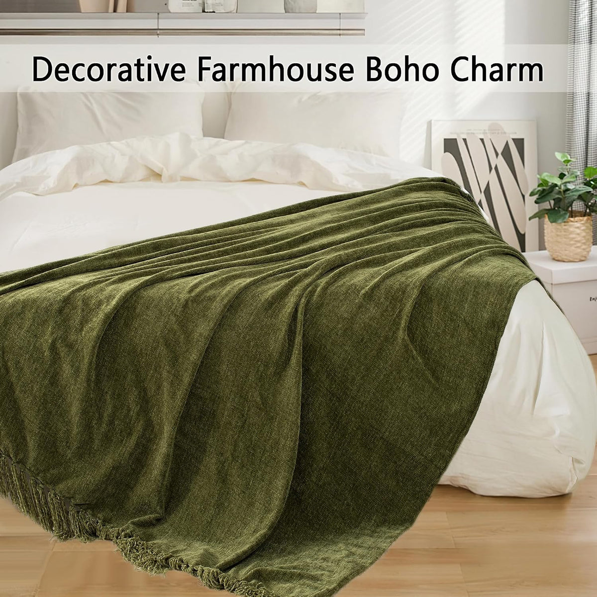 Chenille Throw Blanket for Couch 50" x 60", Olive Green