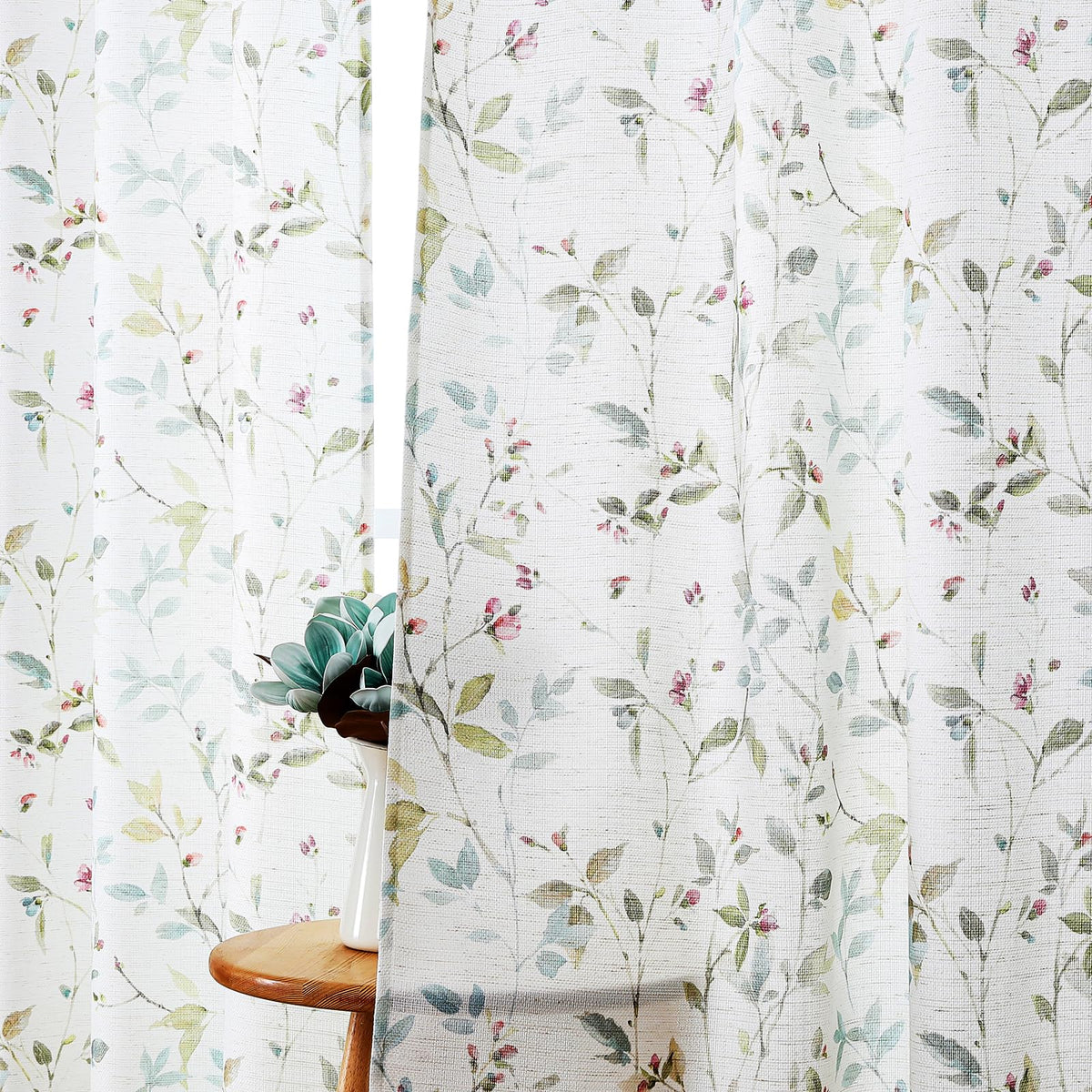 Chyhomenyc Roman Linen Blend Curtains 45 Inch Length 2 Panels, Light Filtering Soft Airy Leaf Floral Printed Rod Pocket Textured Window Treatment Drapes for Living Room Bedroom, 38Wx45L Inch, 2 PCS