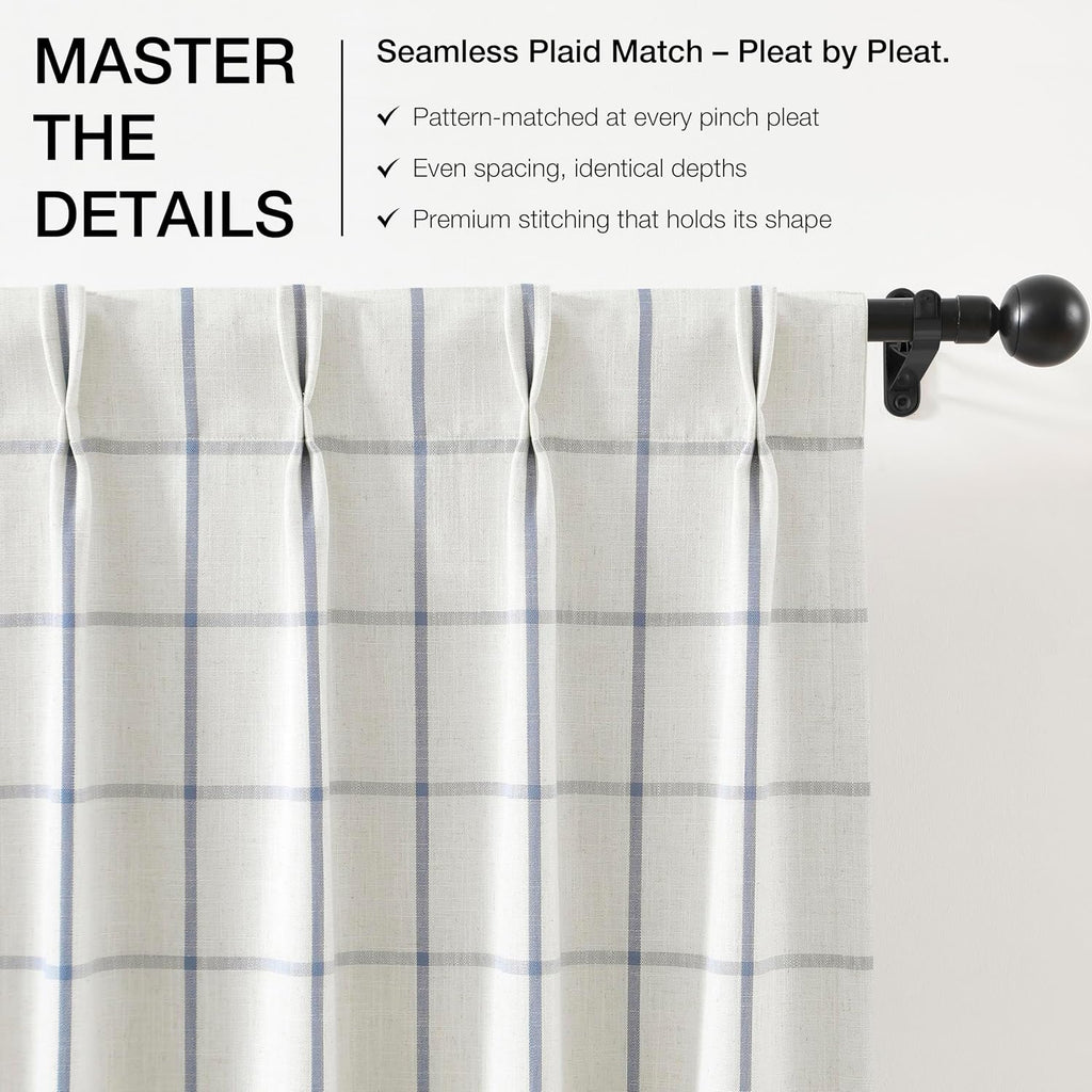 Vision Home Blue Plaid Linen Pinch Pleated Full Blackout Curtains 40Wx84Lx2