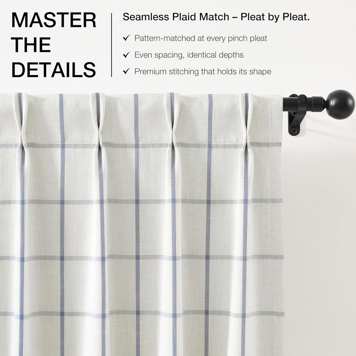 Vision Home Blue Plaid Linen Pinch Pleated Full Blackout Curtains 40Wx84Lx2