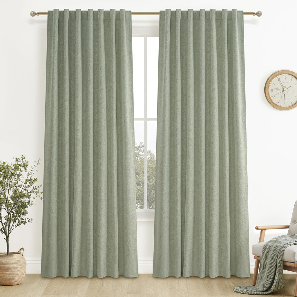 100% Blackout Curtains 84 Inch Length 2 Panels Set Farmhouse Style for Bedroom Windows/Living Room Thermal Insulated Neutral Boho Drapes Linen Blend Natural Ivory 7ft Long Hook Belt Pleated/Back Tab