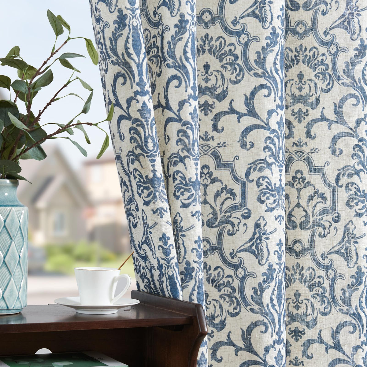 jinchan Slate Blue Linen Curtains Light Flitering Grommet 84 Inch 2 Panels