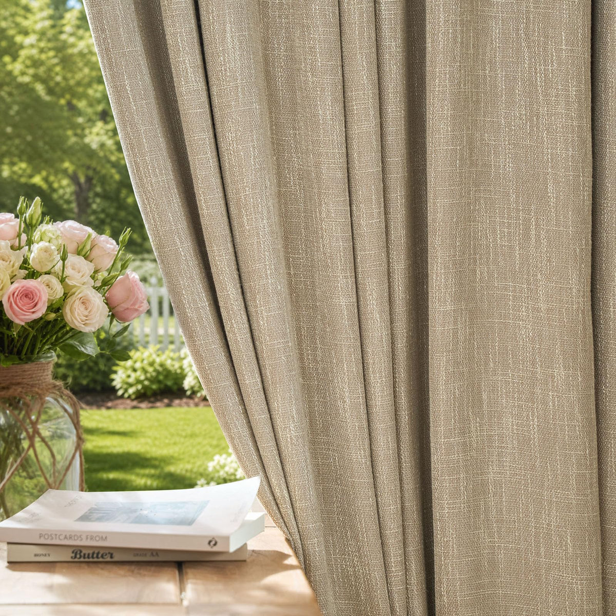 jinchan Burlap Look Curtains Blackout Curtains for Bedroom Lined Linen Textured Look Drapes for Living Room 84 Inches Long French Country Farmhouse Window 2 Panels Tan Drapes
