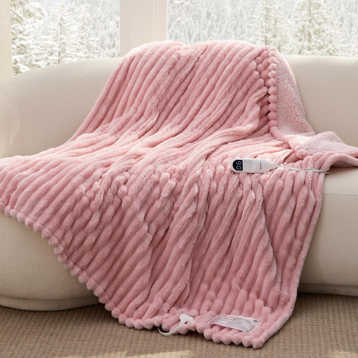Bedsure Heated Blanket Electric Throw - Thick Striped Fast Heating Electric Blanket with Preheat Function, 6 Heat & 6 Timer (Up to 10H), 8H Auto Off, ETL Certified, Gifts for Women (50"x60", White)