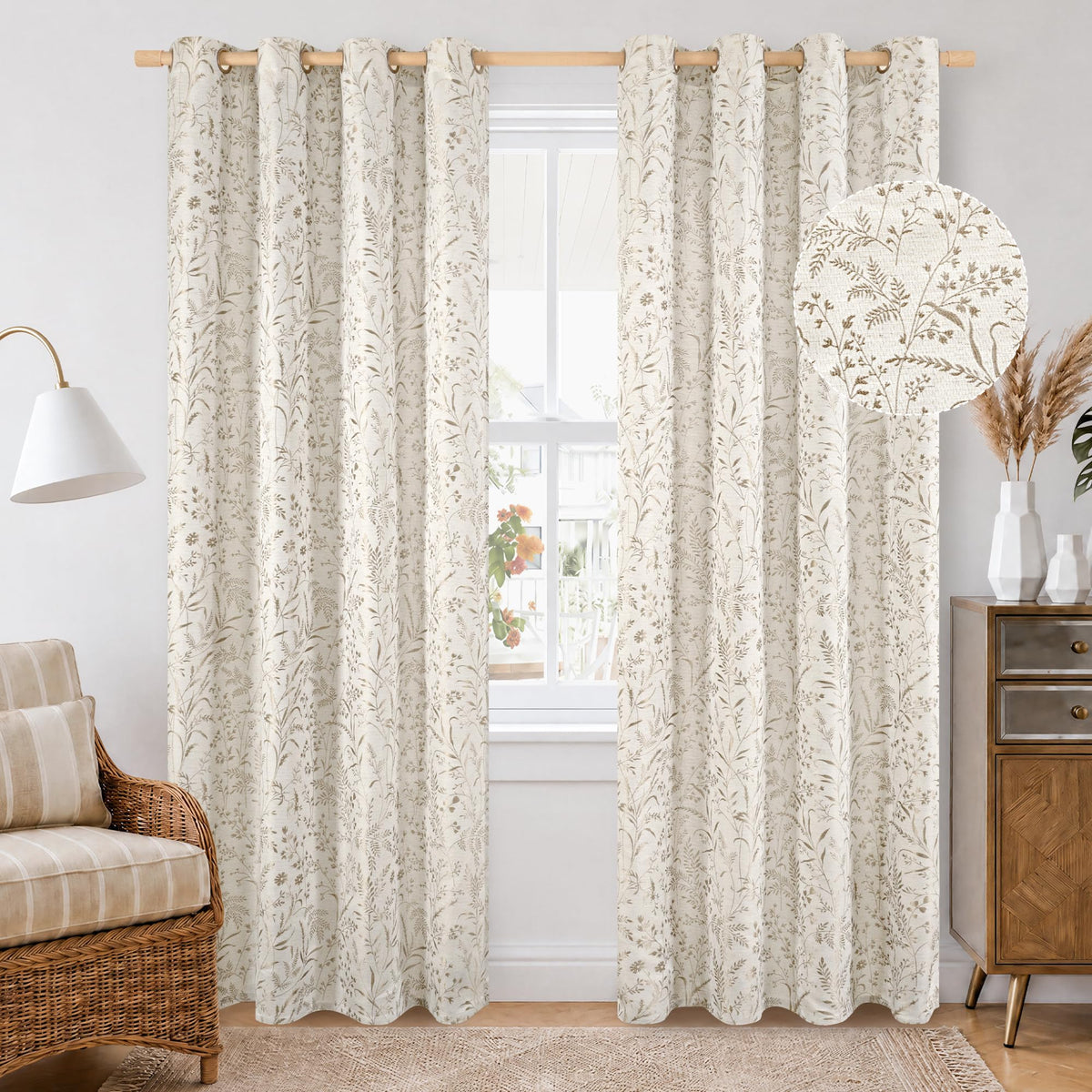 BGment Green Leaf Linen Curtains for Living Room 84 Inch Length 2 Panels