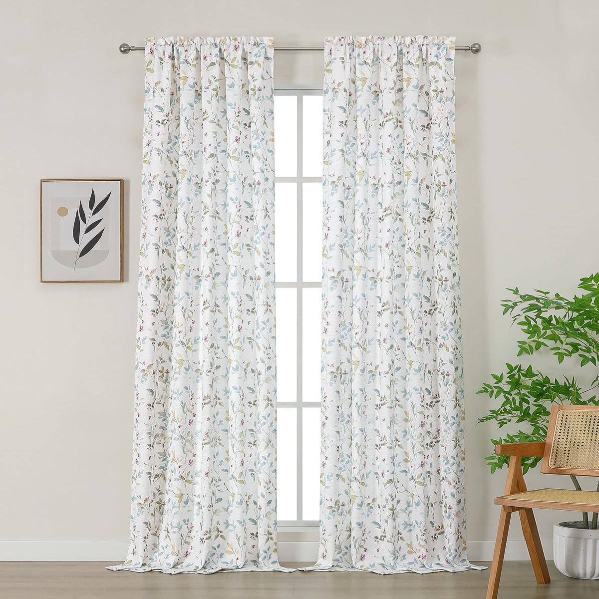 Chyhomenyc Roman Linen Blend Curtains 45 Inch Length 2 Panels, Light Filtering Soft Airy Leaf Floral Printed Rod Pocket Textured Window Treatment Drapes for Living Room Bedroom, 38Wx45L Inch, 2 PCS