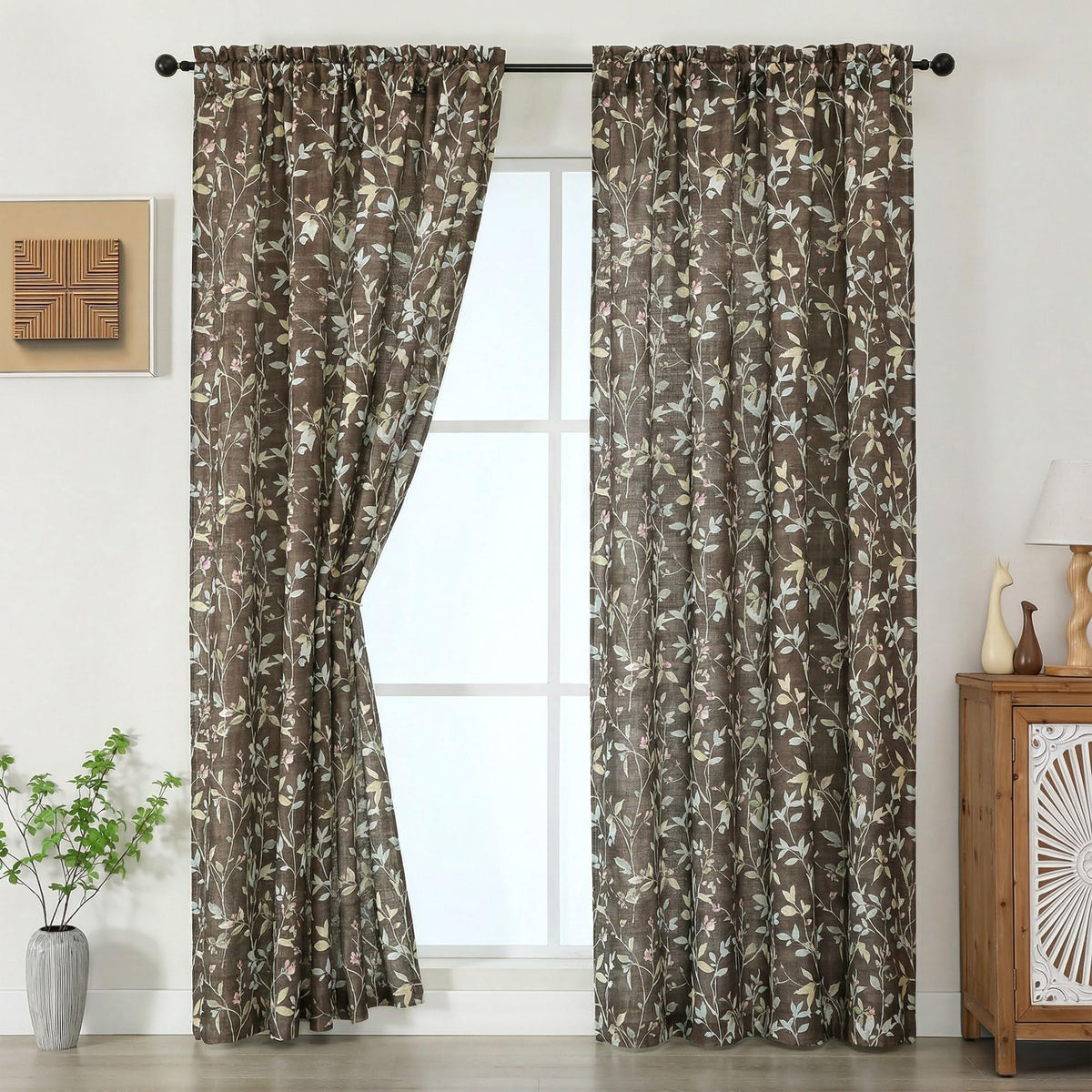 Chyhomenyc Roman Linen Blend Curtains 45 Inch Length 2 Panels, Light Filtering Soft Airy Leaf Floral Printed Rod Pocket Textured Window Treatment Drapes for Living Room Bedroom, 38Wx45L Inch, 2 PCS