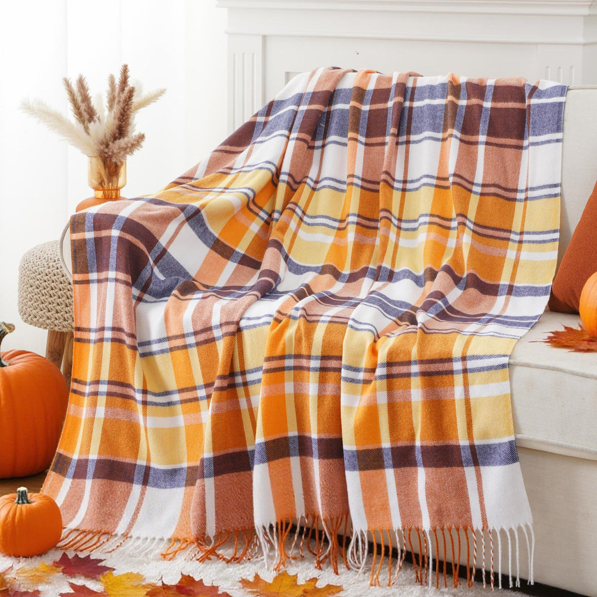 Orange Plaid Throw Blanket for Couch, Fall Throw Blanket 50"x60" Fall Decor