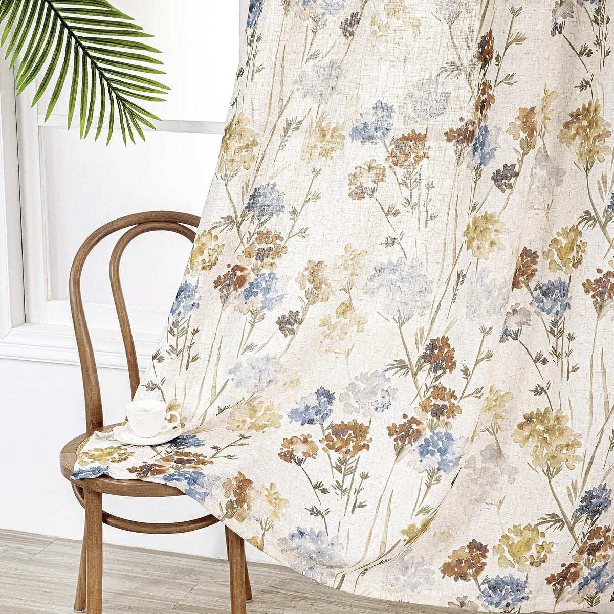 MYSKY HOME Floral Curtains 72 inch for Living Room Linen Semi Sheer Light Filtering Privacy Protect Lightweight Drapes Decor Farmhouse Soft Touch for Dining Room, Yellow, 52" Wide, 2 Panels