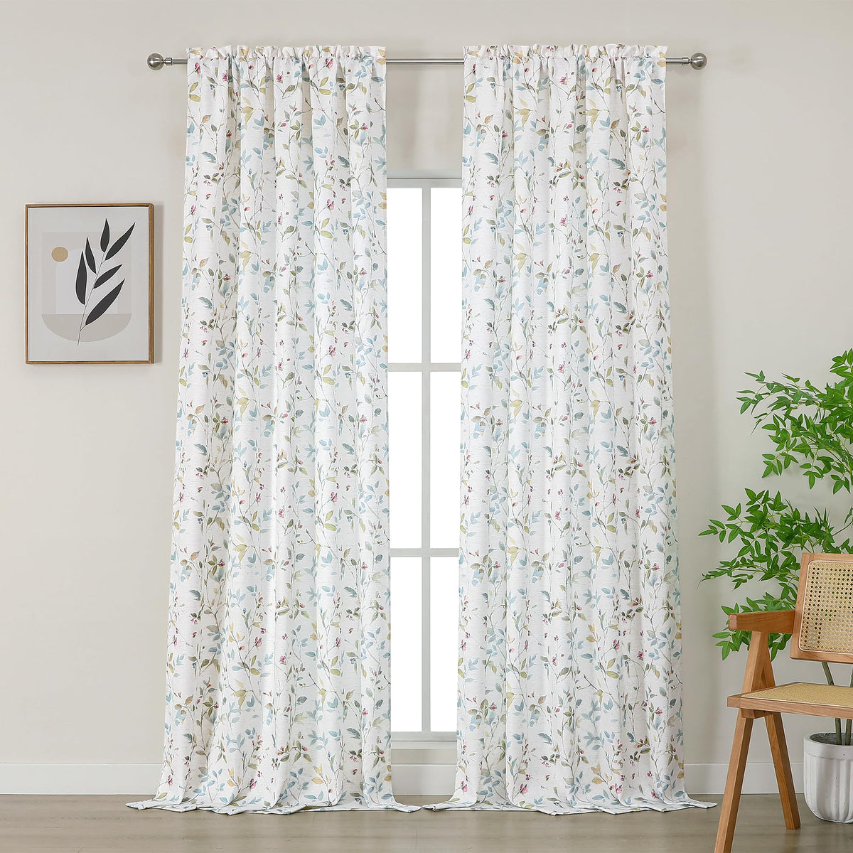Chyhomenyc Roman Linen Blend Curtains 45 Inch Length 2 Panels, Light Filtering Soft Airy Leaf Floral Printed Rod Pocket Textured Window Treatment Drapes for Living Room Bedroom, 38Wx45L Inch, 2 PCS