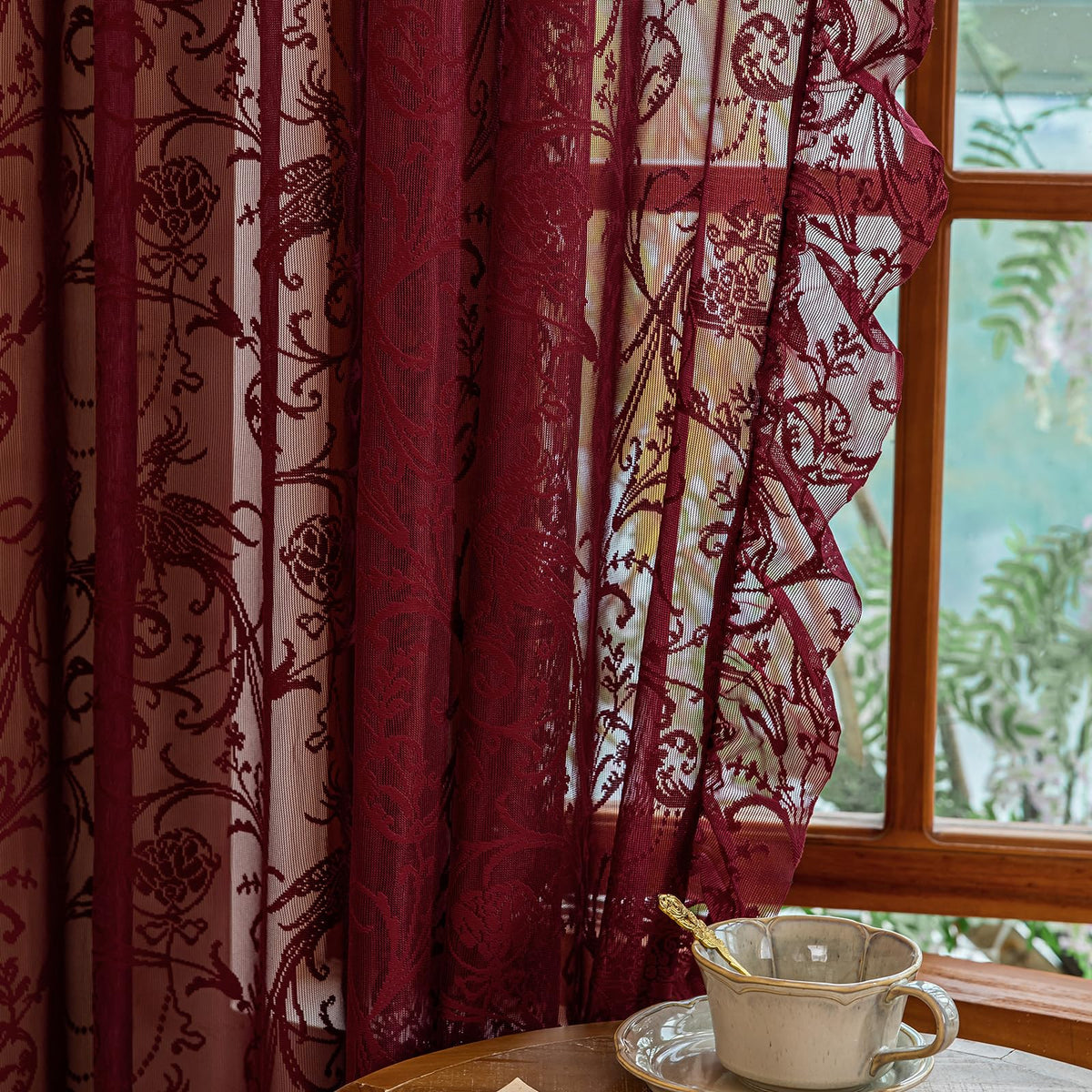 TUDECO Lace Maroon Curtains 96 Inches Long 1 Pair - French Floral Sheer Burgundy Curtains for Living Room, Art Decor Rod Pocket Ruffled Edges Dark Wine Red Drapes, 59 x 96 Inch, Burgundy
