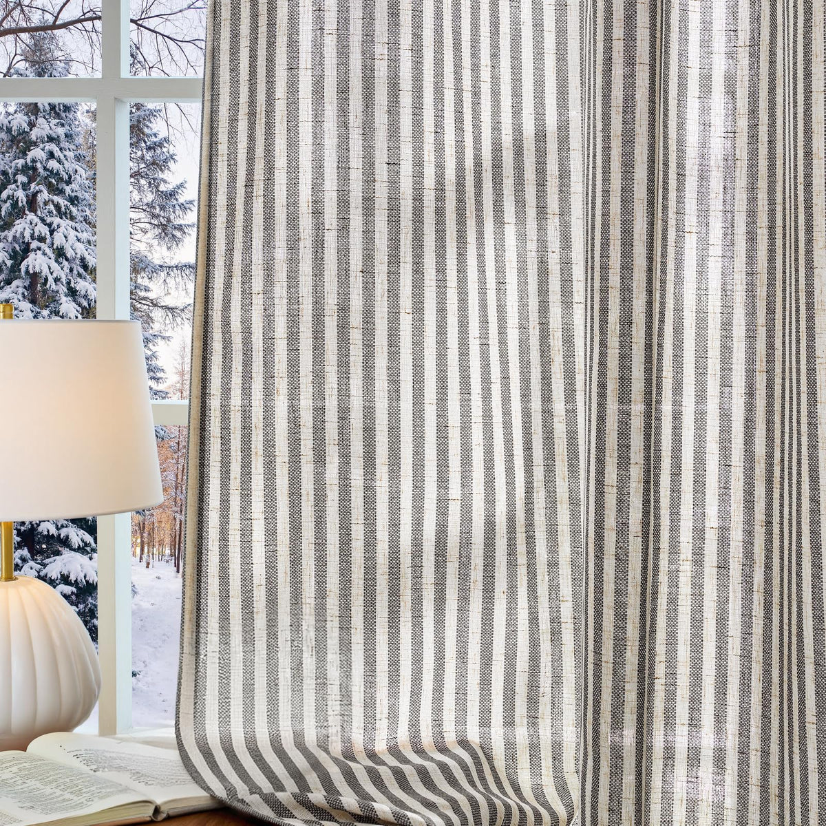 jinchan Linen Curtains 84 Inch Taupe Grey Stripe on Beige Grommet 2 Panels