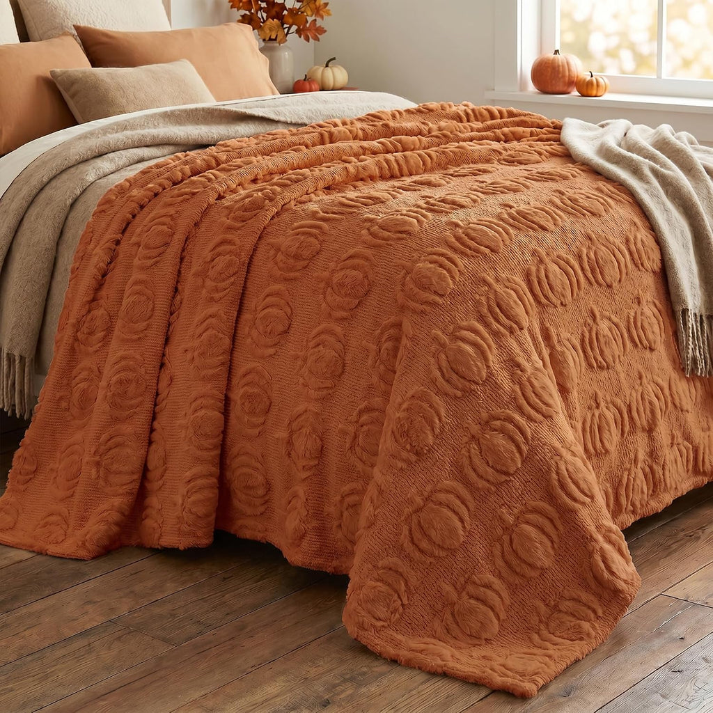Horaldaily Fall Caramel Orange Pumpkin Faux Fur Throw Blanket 50x60