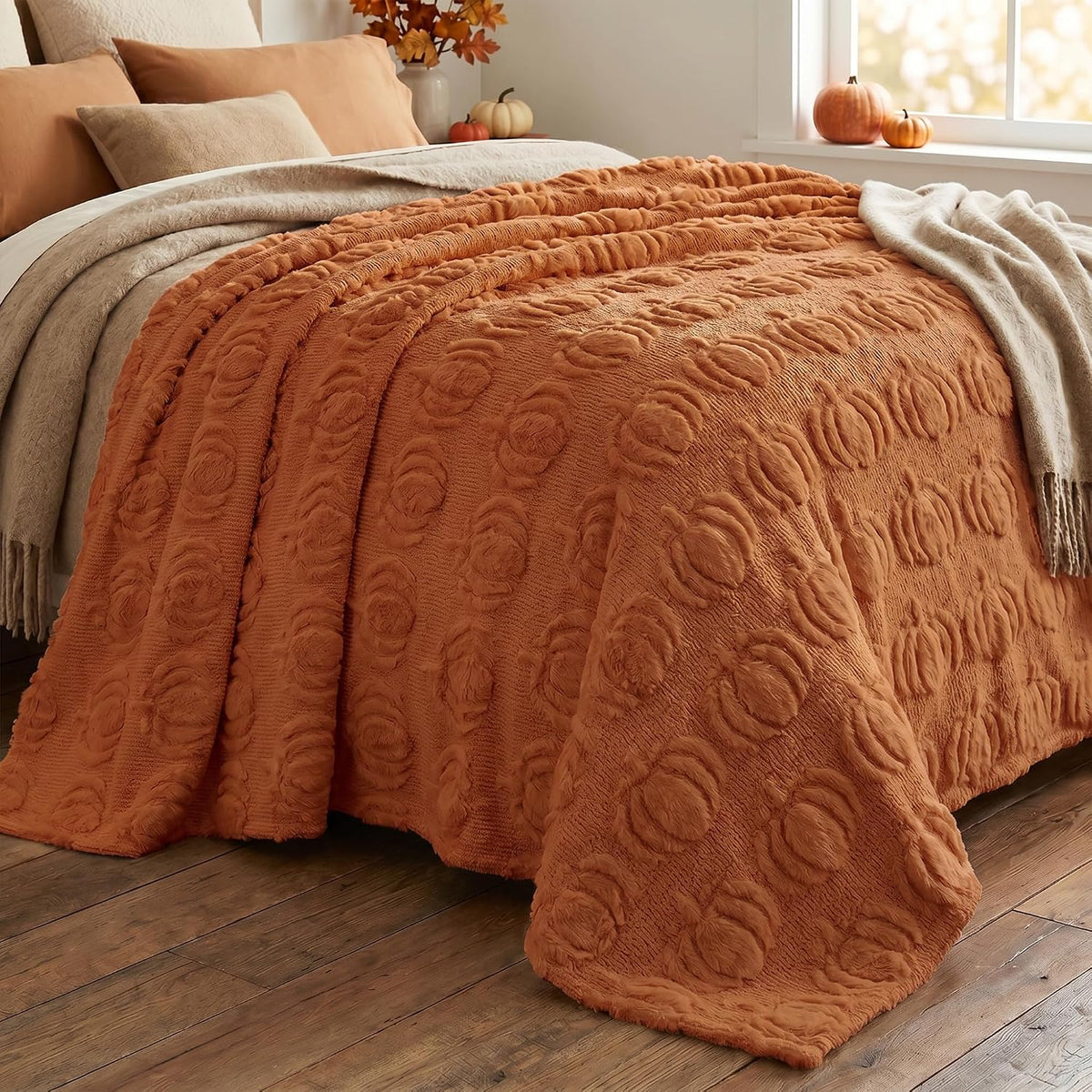 Horaldaily Fall Caramel Orange Pumpkin Faux Fur Throw Blanket 50x60