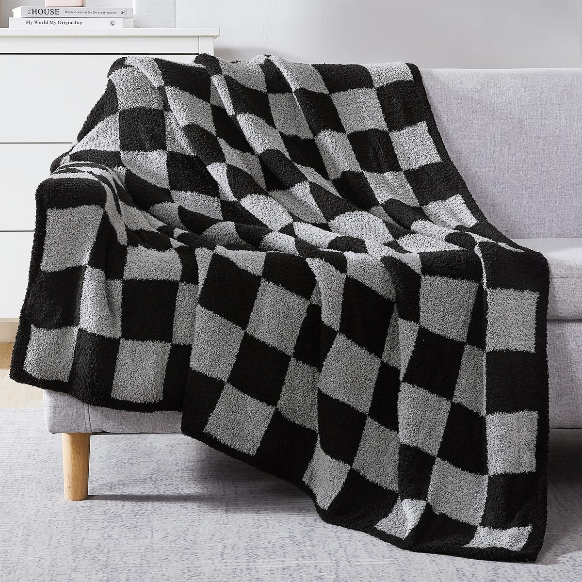WRENSONGE Soft Checkered Throw Blanket for Couch-Cozy Warm Knitted Blankets
