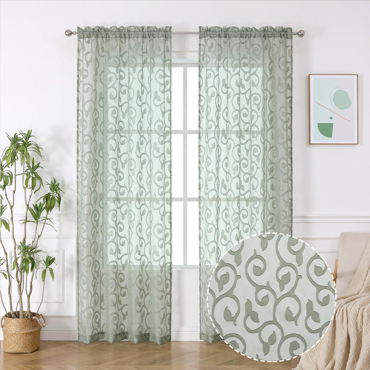 OWENIE Furman Ivory Sheer Curtains 84 inches Long for Bedroom Living Room 2 Panels Set, Jacquard Clip Light Filtering Semi Sheer Curtain Rod Pocket Window Drapes, 2 Pcs Each 40 W 84 L