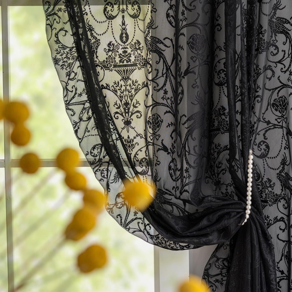 TUDECO Lace Maroon Curtains 96 Inches Long 1 Pair - French Floral Sheer Burgundy Curtains for Living Room, Art Decor Rod Pocket Ruffled Edges Dark Wine Red Drapes, 59 x 96 Inch, Burgundy