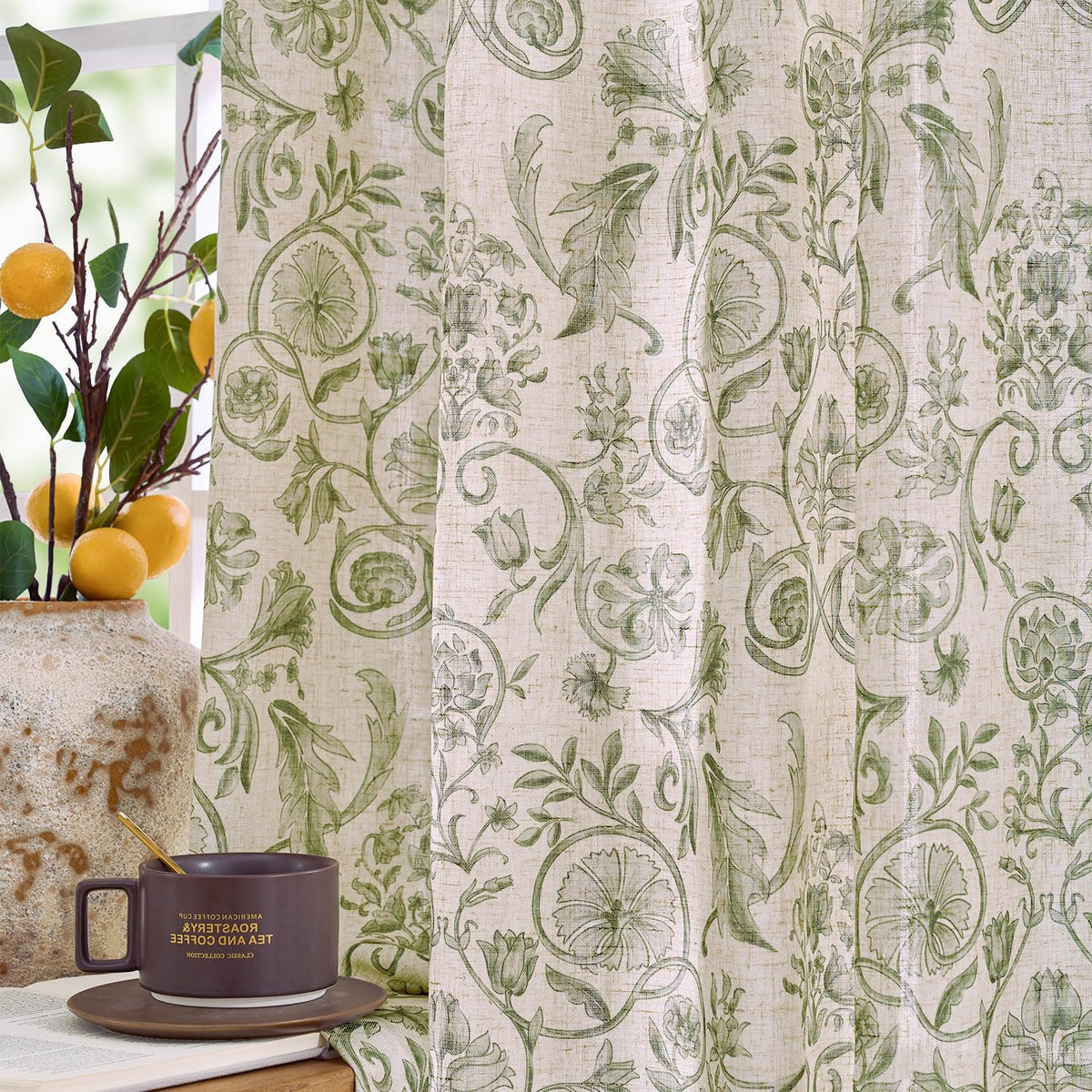 jinchan Beige Floral Linen Curtains 84 Inch Farmhouse Back Tab 2 Panels