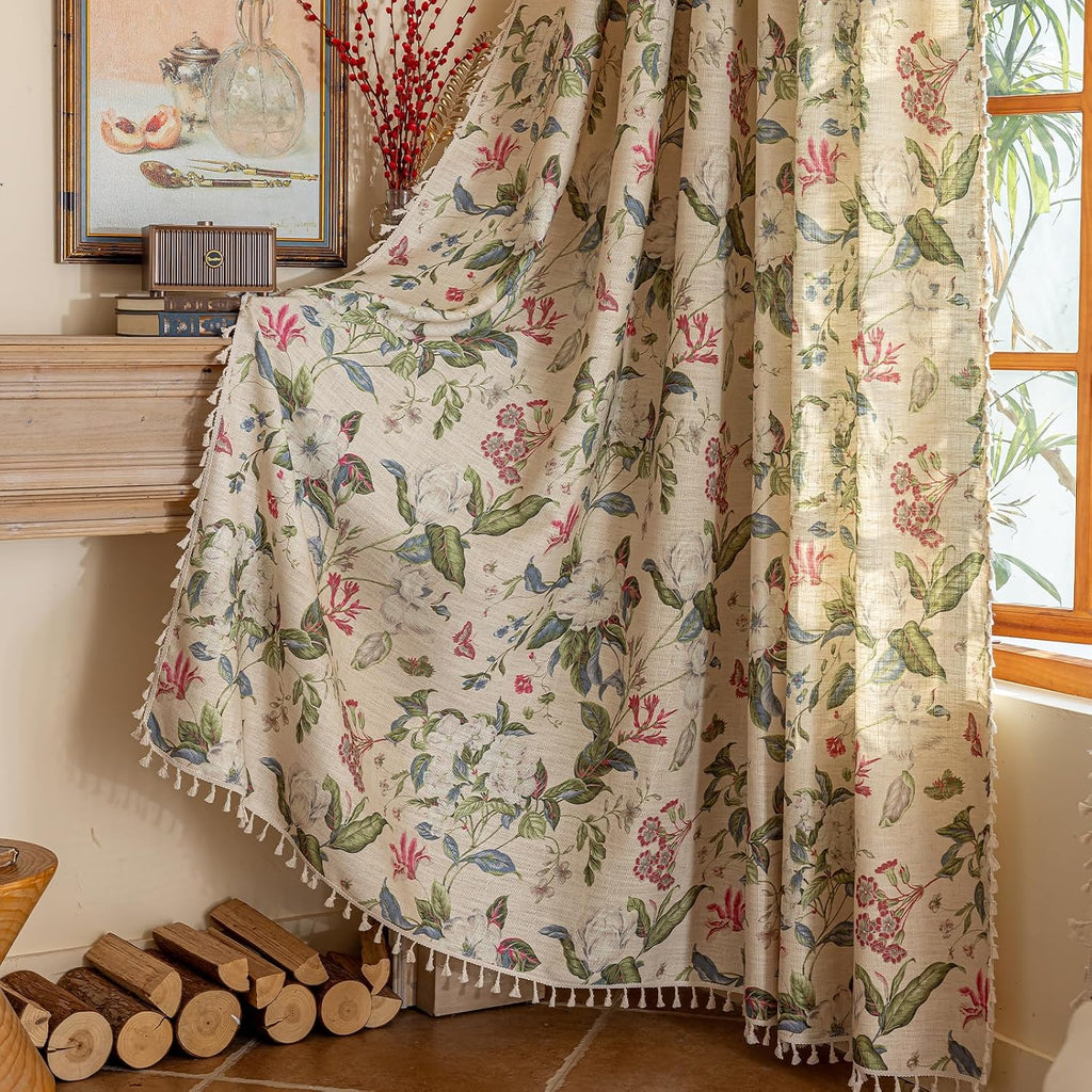 ENJOYBRIDAL Floral Curtains 84 Inch Long Living Room Boho Drapes Bedroom 2 Panels Semi Sheer Floor Length Window Curtain Panels Vintage Rod Pocket Tassel Farmhouse Nursery Window Treatments