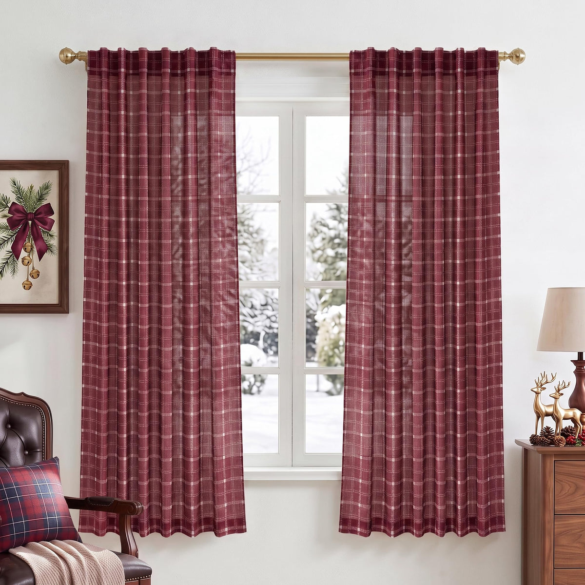 NICETOWN Moss Green Linen Plaid Curtains 96 inches Long for Bedroom
