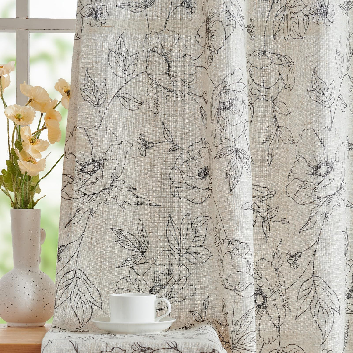 jinchan Taupe Floral Linen Curtains 84 Inch Farmhouse Back Tab 2 Panels