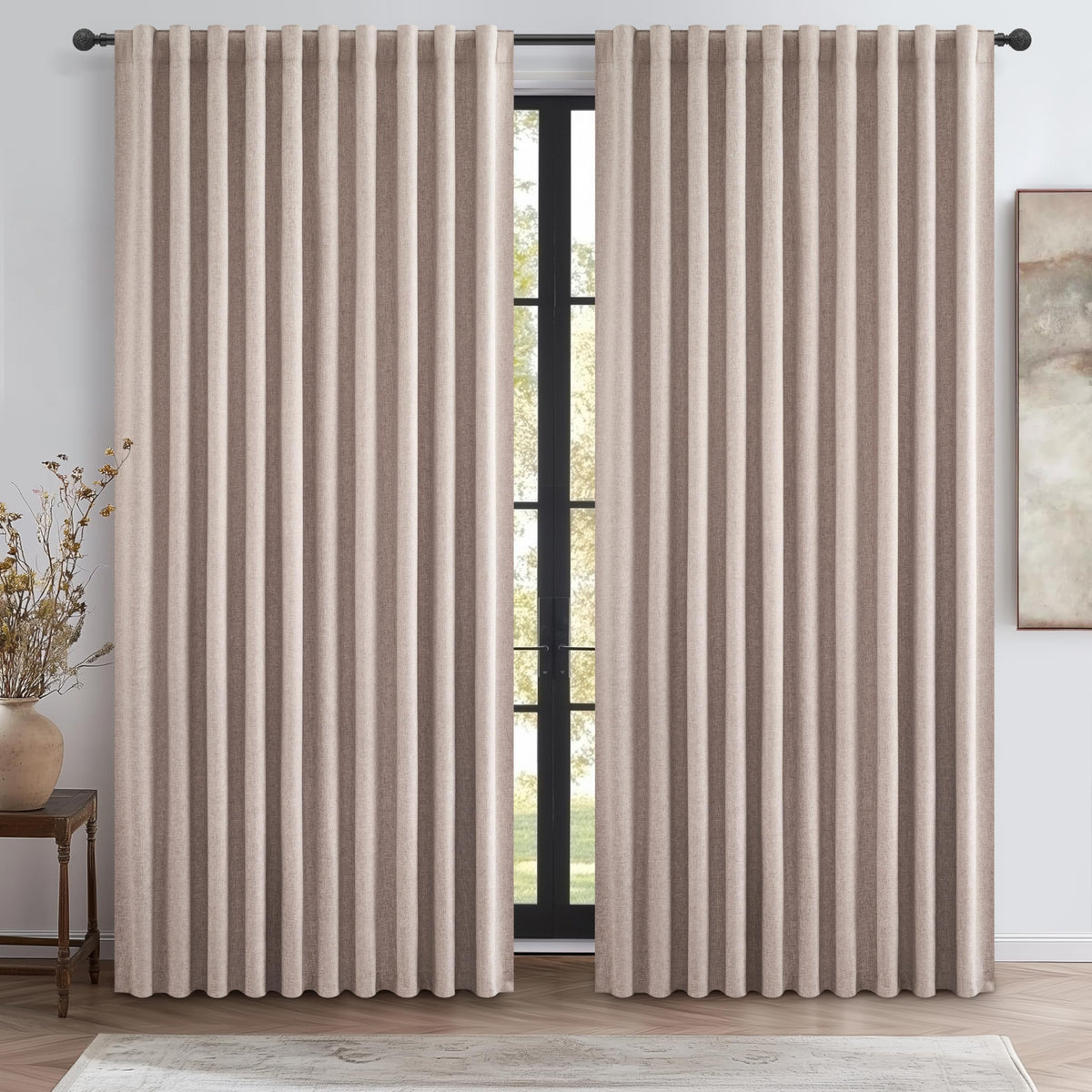100% Blackout Curtains 84 Inch Length 2 Panels Set Farmhouse Style for Bedroom Windows/Living Room Thermal Insulated Neutral Boho Drapes Linen Blend Natural Ivory 7ft Long Hook Belt Pleated/Back Tab