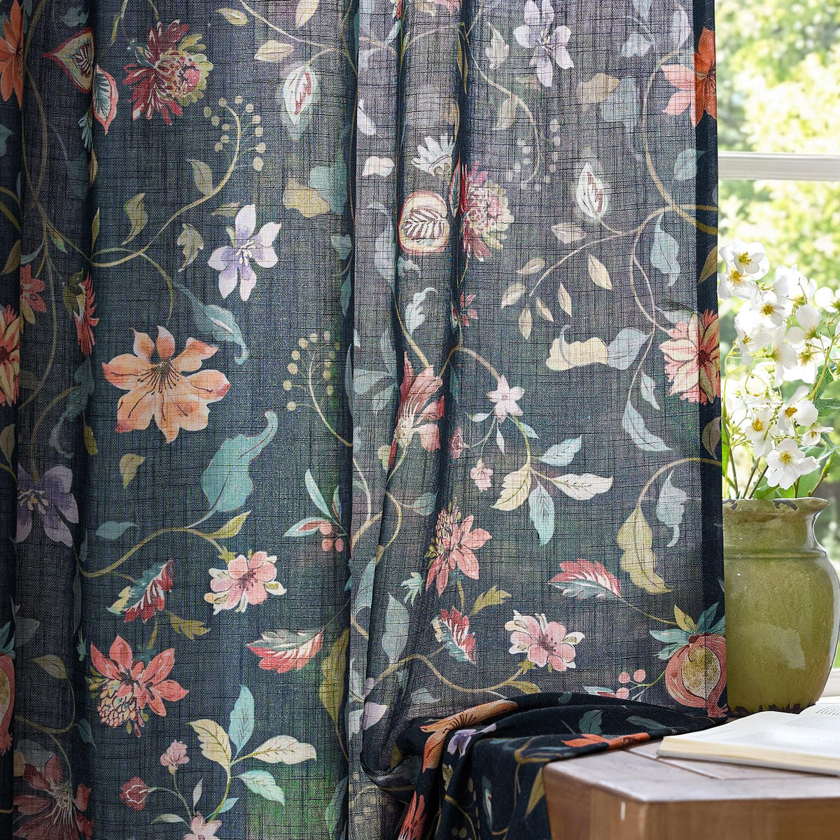 jinchan Beige Floral Linen Curtains 84 Inch Farmhouse Back Tab 2 Panels