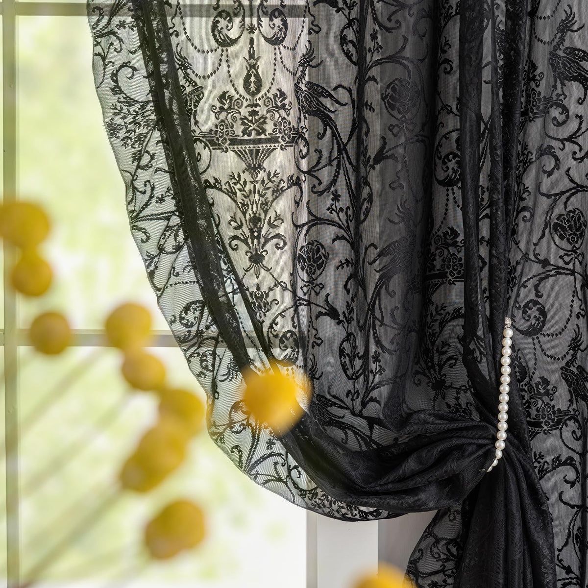 TUDECO Lace Maroon Curtains 96 Inches Long 1 Pair - French Floral Sheer Burgundy Curtains for Living Room, Art Decor Rod Pocket Ruffled Edges Dark Wine Red Drapes, 59 x 96 Inch, Burgundy